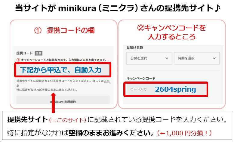 提携コードとキャンペーンコードの入力場所